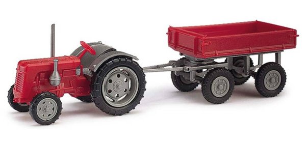 BUSCH 211006201 Traktor Famulus mit Anhänger rot Landwirtschaftsmodell 1:120