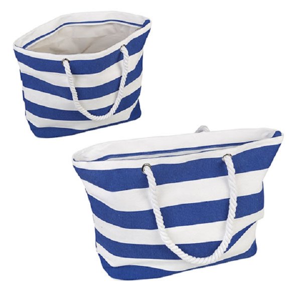 IDENA 30232 Strandtasche blau wei&szlig; aus robustem Stoff mit Rei&szlig;verschluss