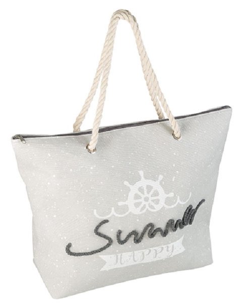 IDENA 31017 Strandtasche Happy Summer grau aus robustem Stoff mit Rei&szlig;verschluss