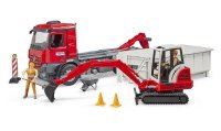BRUDER 03624 MB Arocs LKW mit Abrollcontainer und Schaeff Minibagger Profi-Serie bworld 1:16
