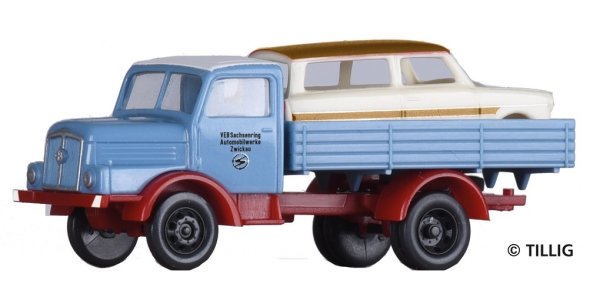 TILLIG H3A VEB Sachsenring, beladen mit Trabant-Karosse 19058 LKW-Modell 1:120