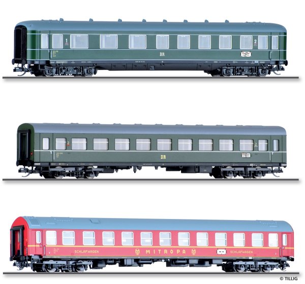 TILLIG Set mit 3 Personenwagen D 118 Leipzig-Köln DR Ep.III 01068 Spur TT