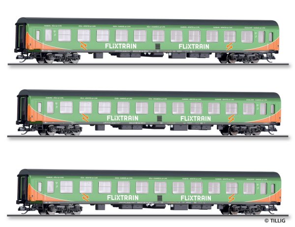 TILLIG Set mit 3 Reisezugwagen Bauart Halberstadt FLIXTRAIN Ep.VI 01066 Spur TT