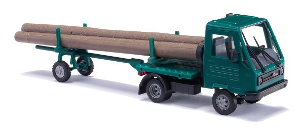 BUSCH 42229 Multicar M26 mit Nachläufer und Baumstämmen grün 1991 LKW-Modell 1:87
