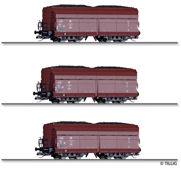 TILLIG Set mit 3 Selbstentladewagen Oot mit Kohleladung der DR Ep.III 01078 Spur TT