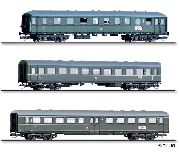 TILLIG Set mit 3 Reisezugwagen D 118 Leipzig-K&ouml;ln DR Ep.III 01069 Spur TT