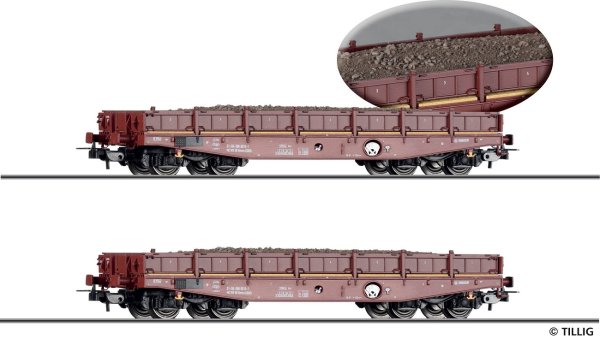 TILLIG Güterwagenset DR, bestehend aus zwei Schwerlastwagen Rmms 3960, beladen mit Gleisbau-Abraum Ep.IV 70070 Spur H0