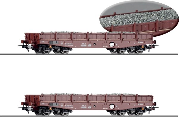 TILLIG Güterwagenset DR, bestehend aus zwei Schwerlastwagen Rmms 3960, beladen mit Neuschotter Ep.IV 70071 Spur H0
