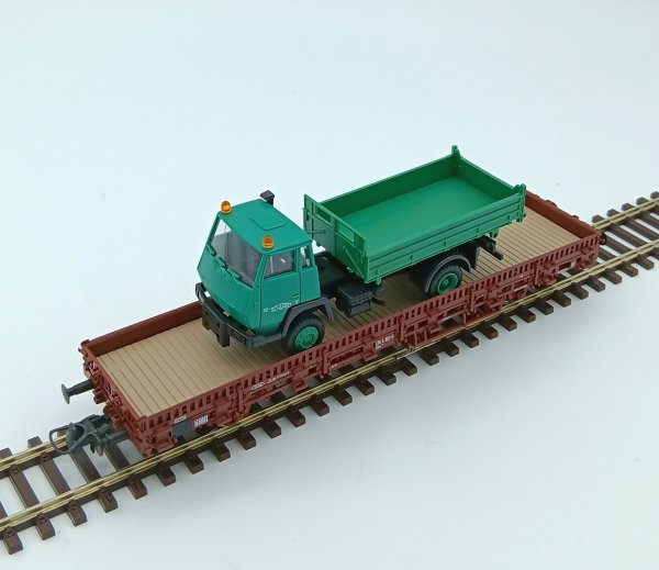 ROCO Rungenwagen beladen m. Steyr LKW Schwarz Bau DB AG 47845 Spur H0