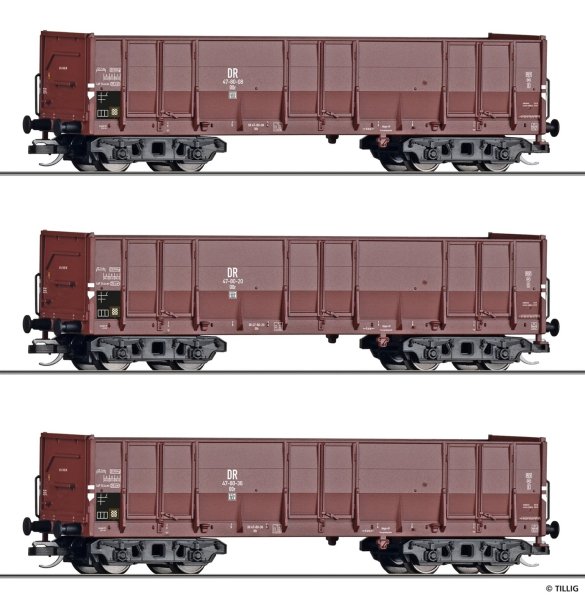 TILLIG Set mit 3 offenen Güterwagen, Gattung Oor DR Ep. III 01141 Spur TT