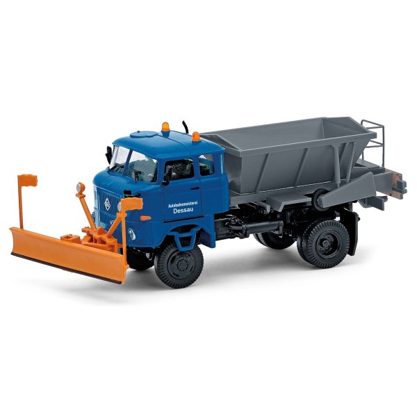 BUSCH Espewe IFA W50 LA D035, Autobahnmeisterei Dessau mit Schneepflug und Streuer 95401 LKW-Modell 1:87